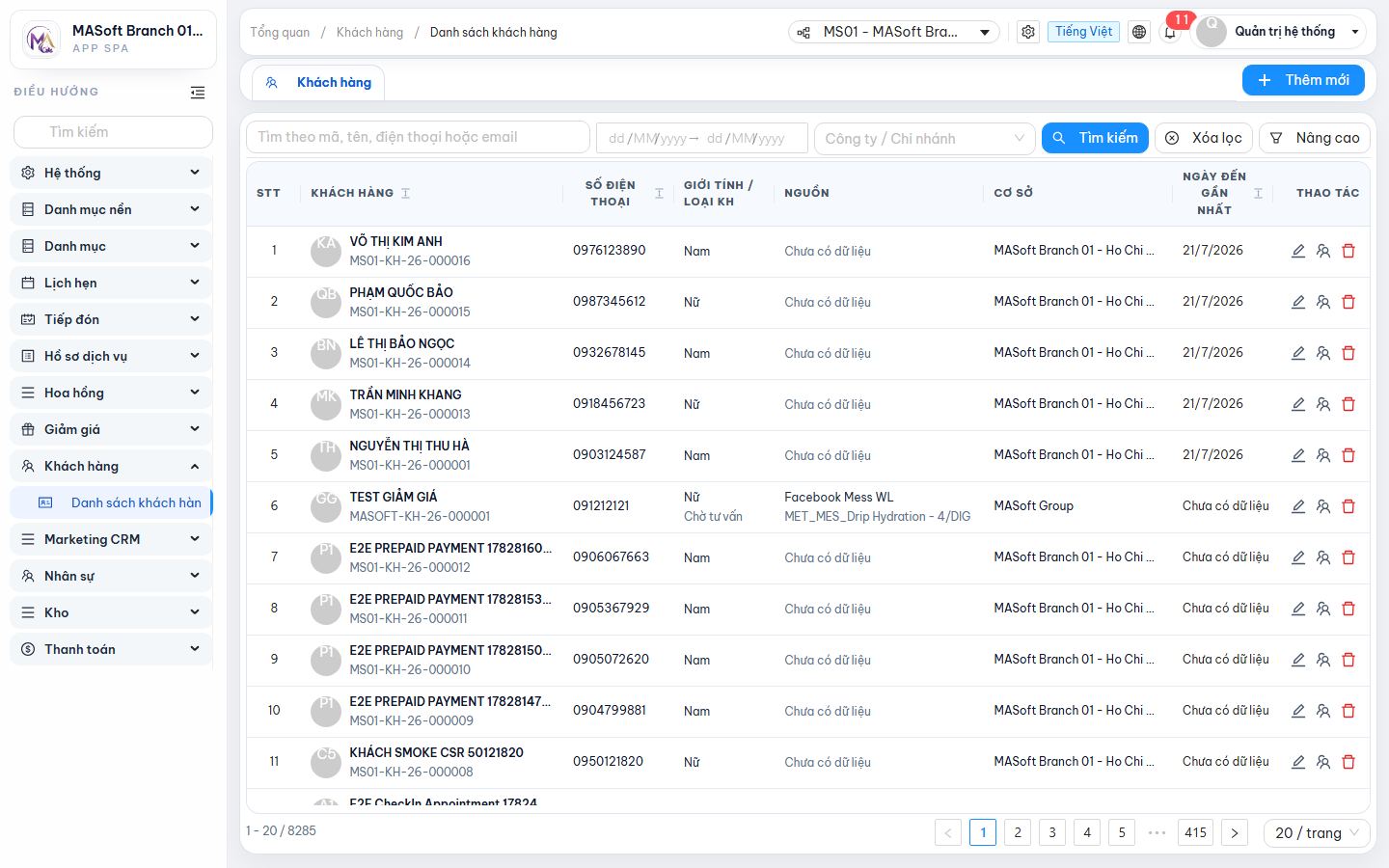 Guest records. The working build currently lists test customers.