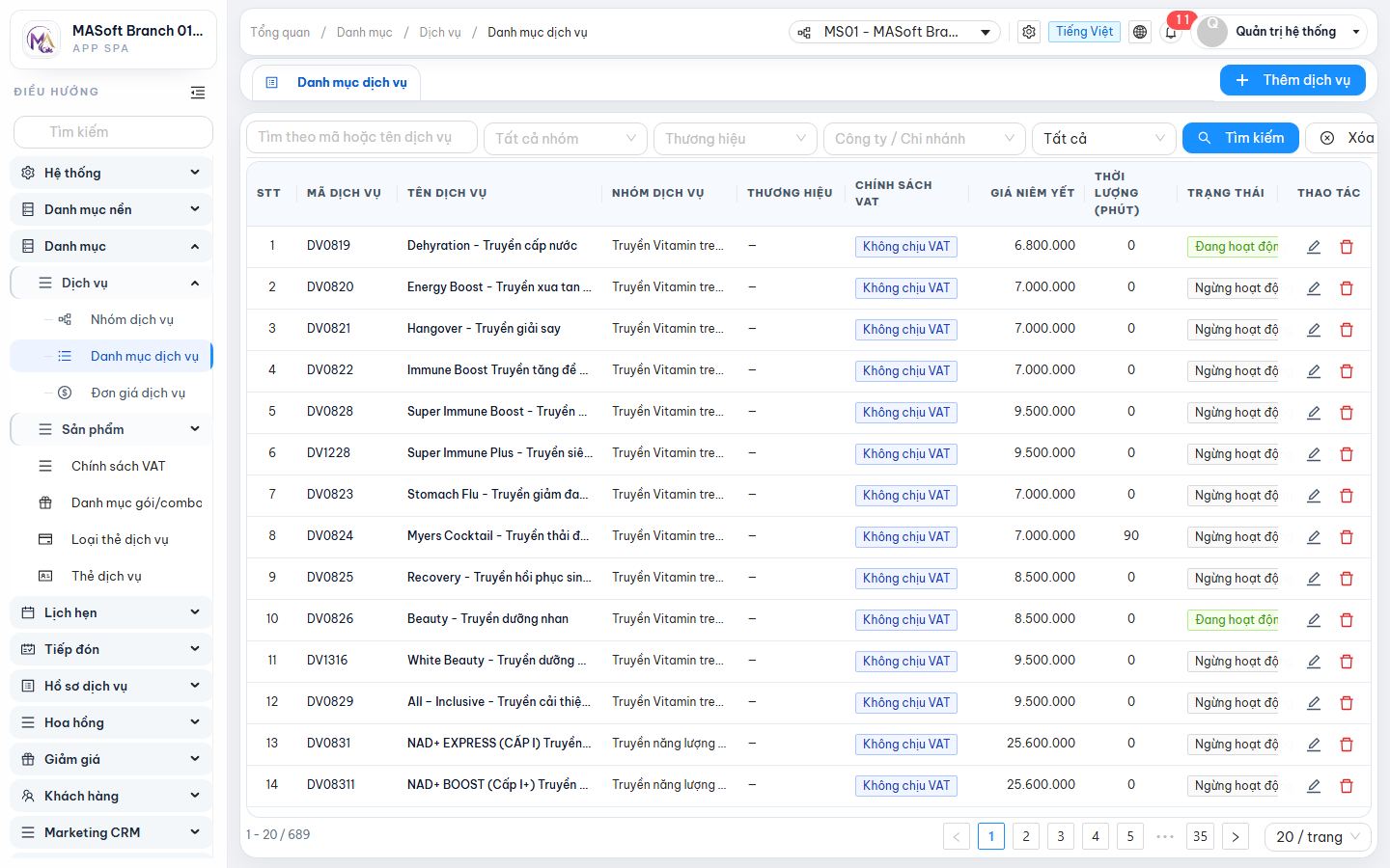 Service catalog, with list prices and duration.